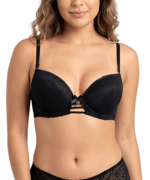 Woman wearing a black lace bra on a white background