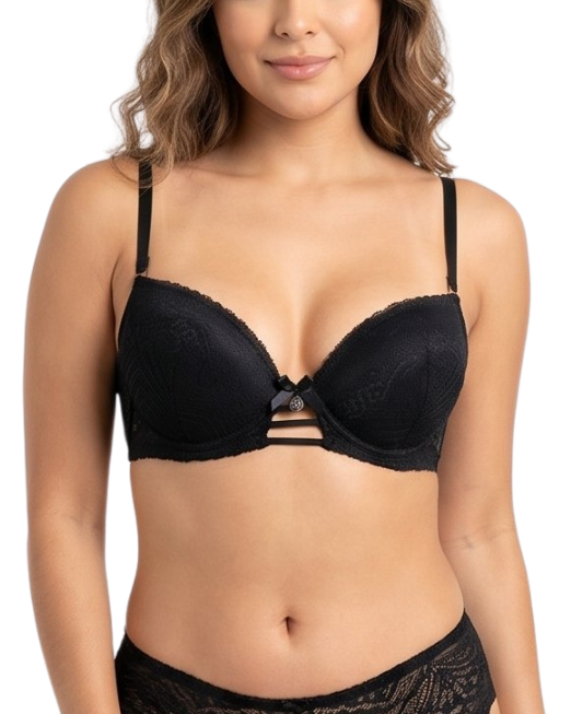 Woman wearing a black lace bra on a white background
