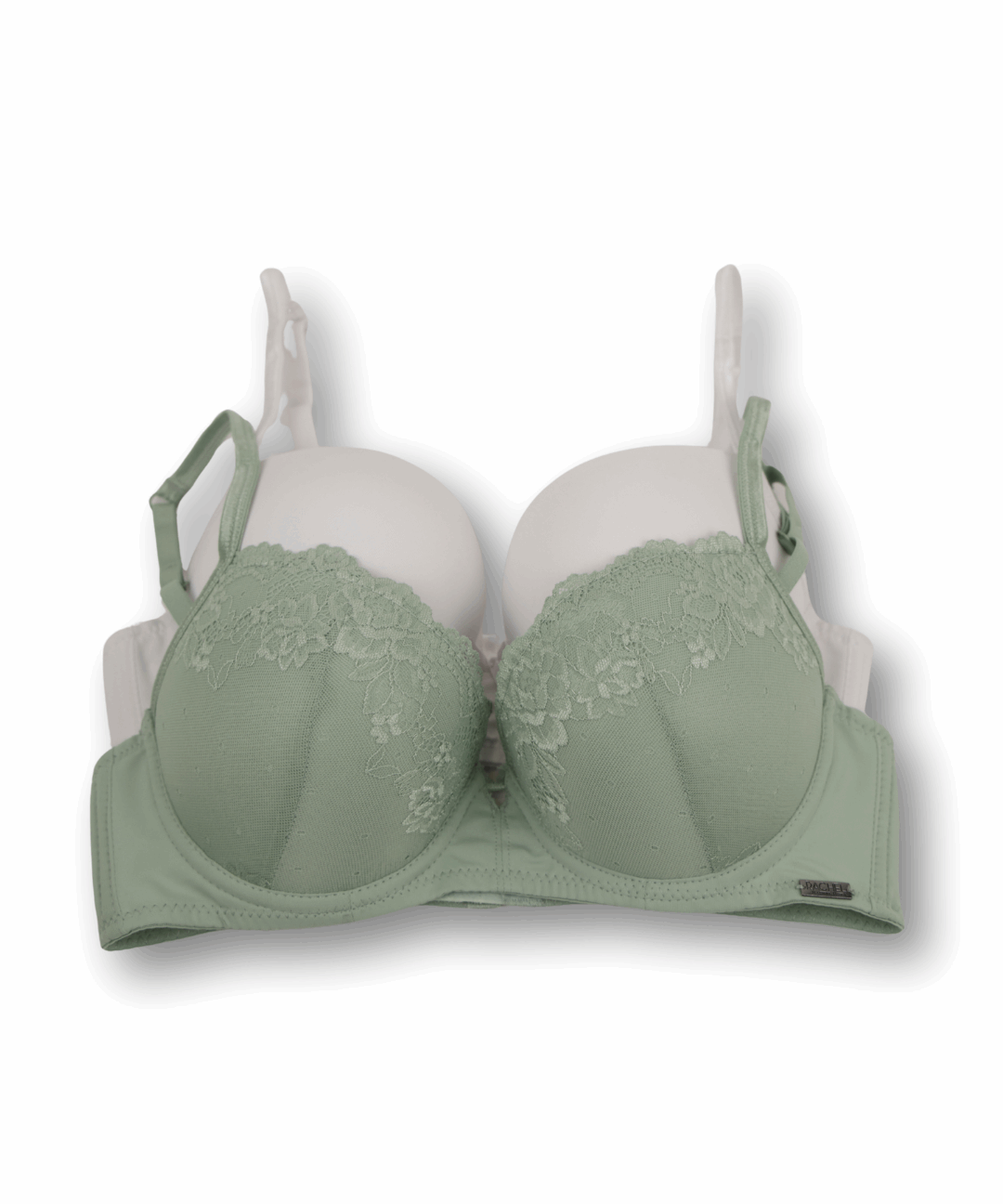 Green bra with lace details and solid white bra on a white background