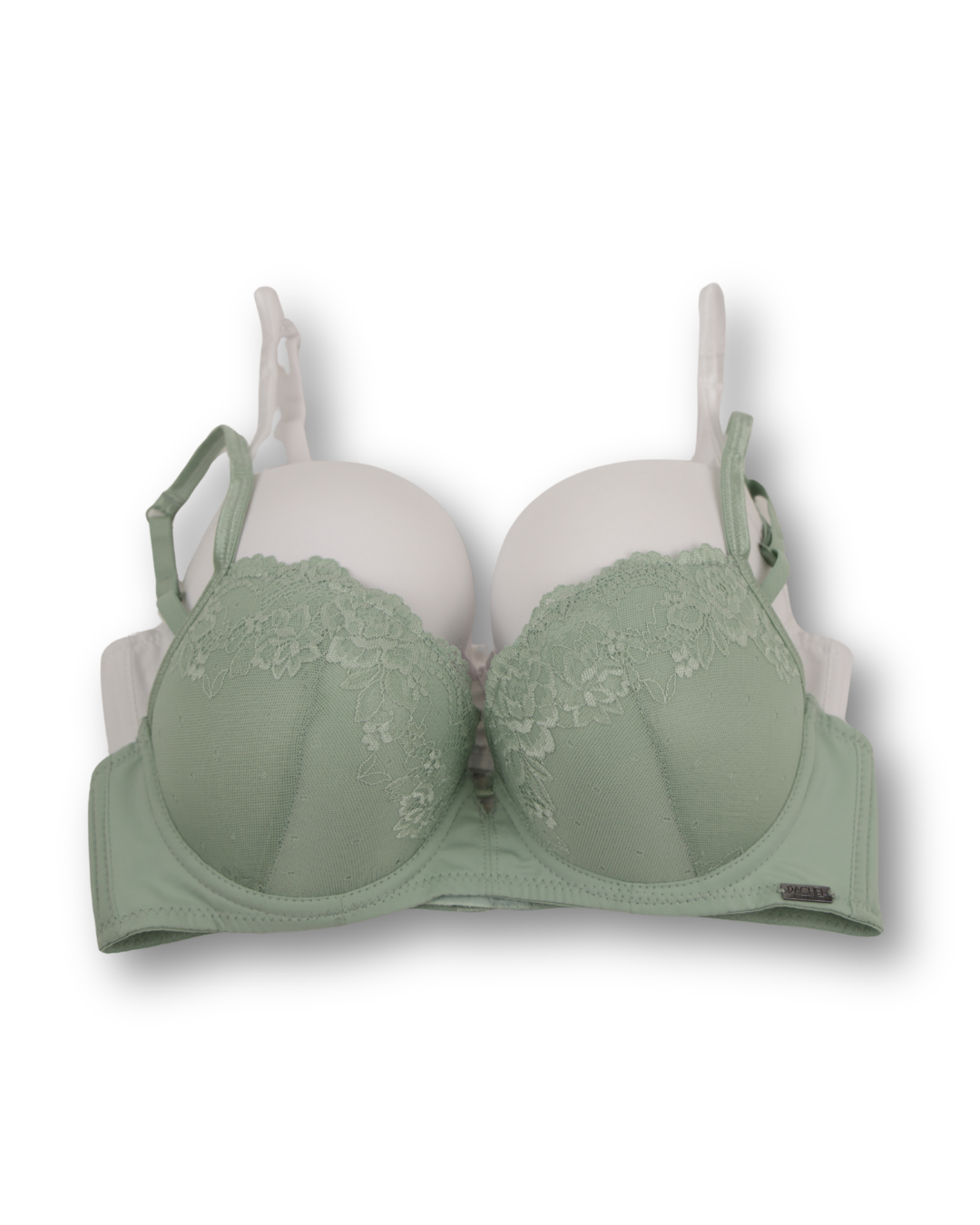 Green bra with lace details and solid white bra on a white background