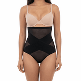 Woman wearing a black shapewear on a white background