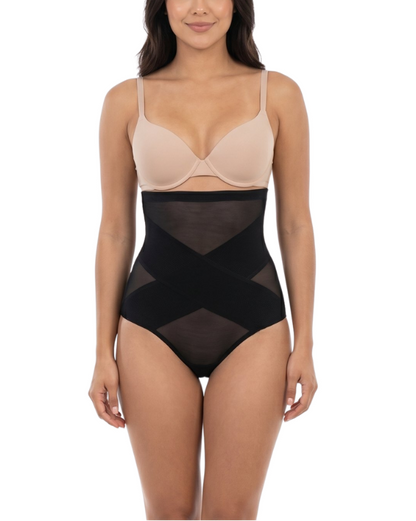 Woman wearing a black shapewear on a white background