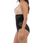 Woman wearing a black shapewear on a white background
