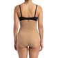 Woman wearing a black bra and mocha shapewear on a white background
