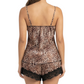 Woman wearing a leopard print camisole and shorts set on a white background