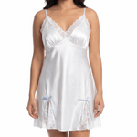 Woman wearing a white satin nightgown on a white background
