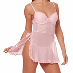 Pink lace nightgown worn by a model on a white background