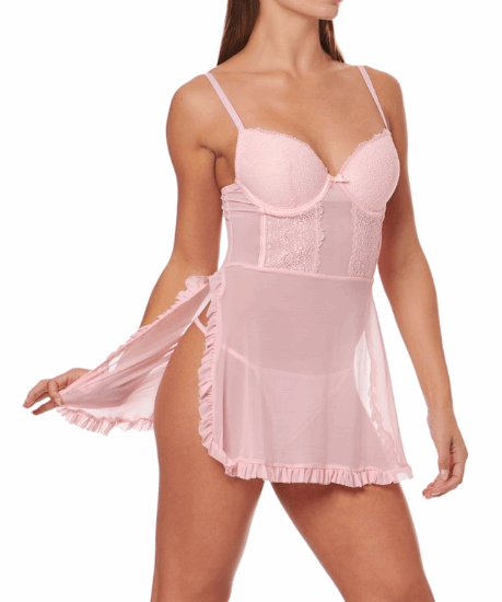 Pink lace nightgown worn by a model on a white background