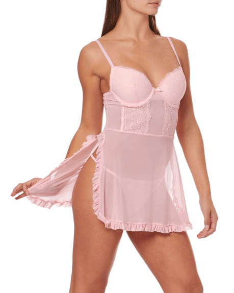 Pink lace nightgown worn by a model on a white background