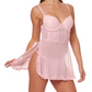 Pink lace nightgown worn by a model on a white background