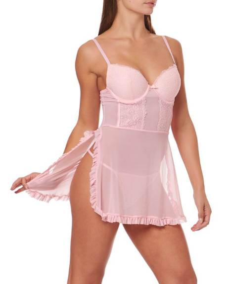Pink lace nightgown worn by a model on a white background